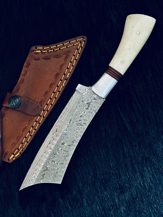 10 Inch Handmade Twist Damascus Machete Hunting Knife with Camel Bone and Wood Handle