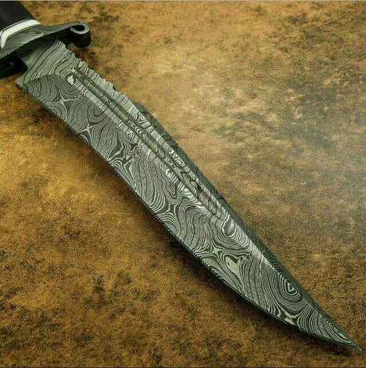15" Damascus Steel Bowie Knife | Horn Handle Hunting Survival Knife