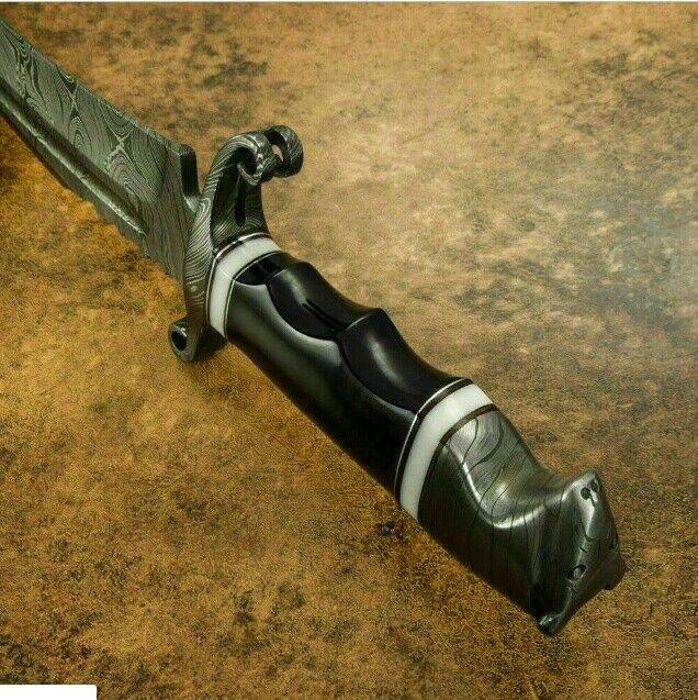 15" Damascus Steel Bowie Knife | Horn Handle Hunting Survival Knife