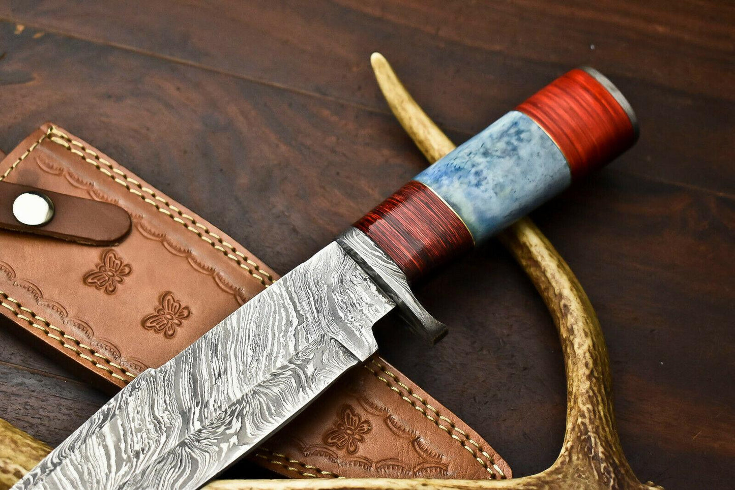 13" Damascus Steel Bowie Knife – Camel Bone Handle | Custom Handmade Hunting Blade