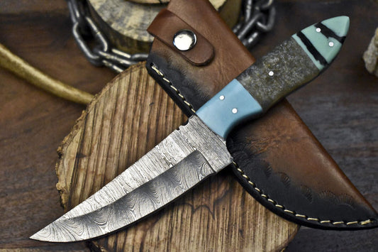 Twist Damascus Skinner Knife with Corian Handle – Handmade EDC Fixed Blade