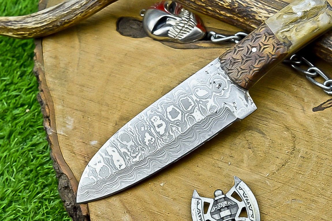 10" Handmade Damascus Steel Bowie Knife – Wooden and stag Handle Hunting Knife
