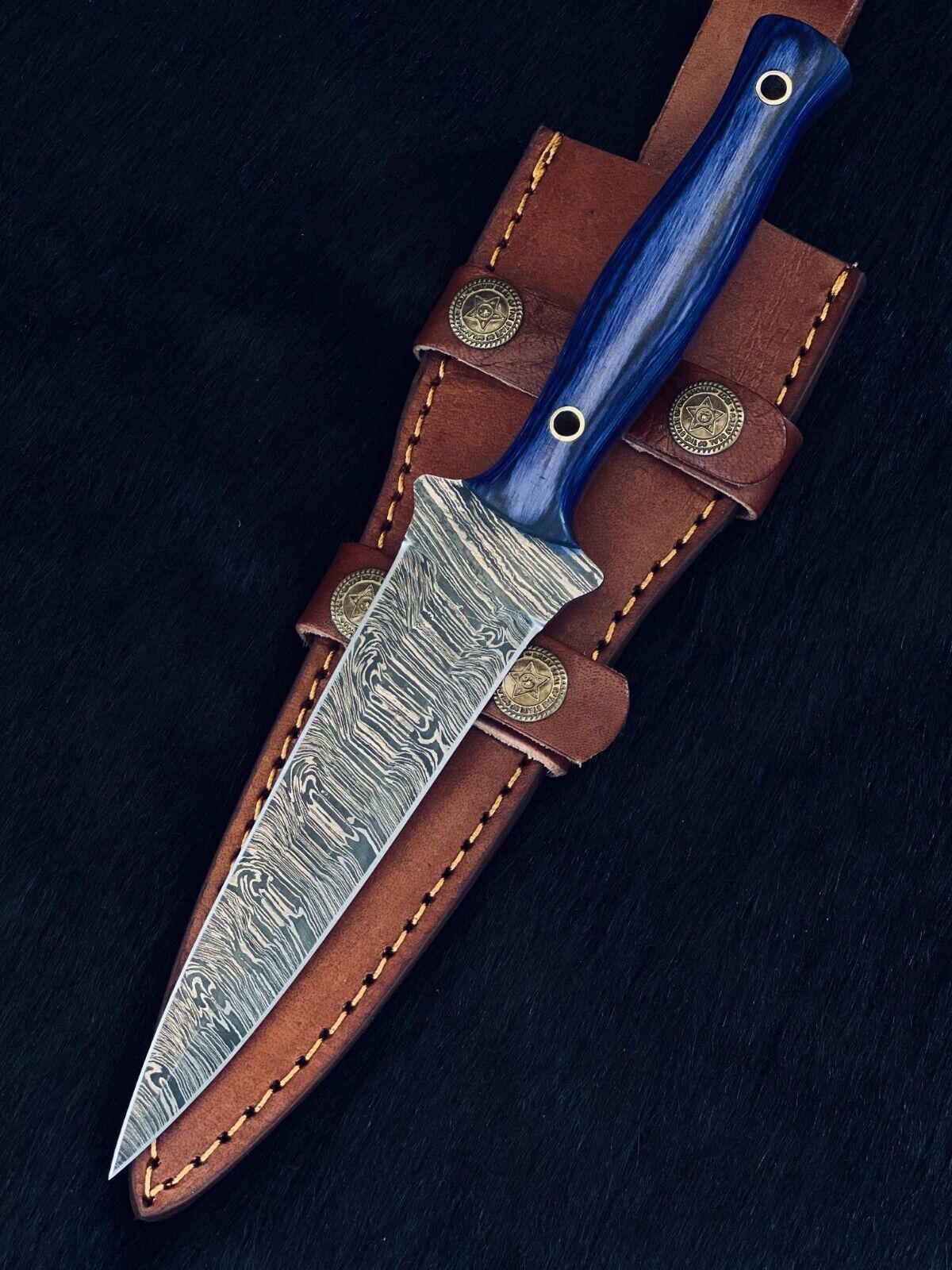 Heritage Forge 10 Inch Fire Damascus Steel Dagger Knife with Camel Bone and Wood Handle