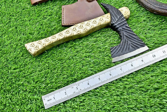 Custom Handmade Carbon Steel Viking Tomahawk with Engraved Olive Wood Handle and Sheath