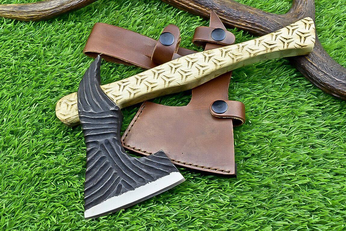 Custom Handmade Carbon Steel Viking Tomahawk with Engraved Olive Wood Handle and Sheath