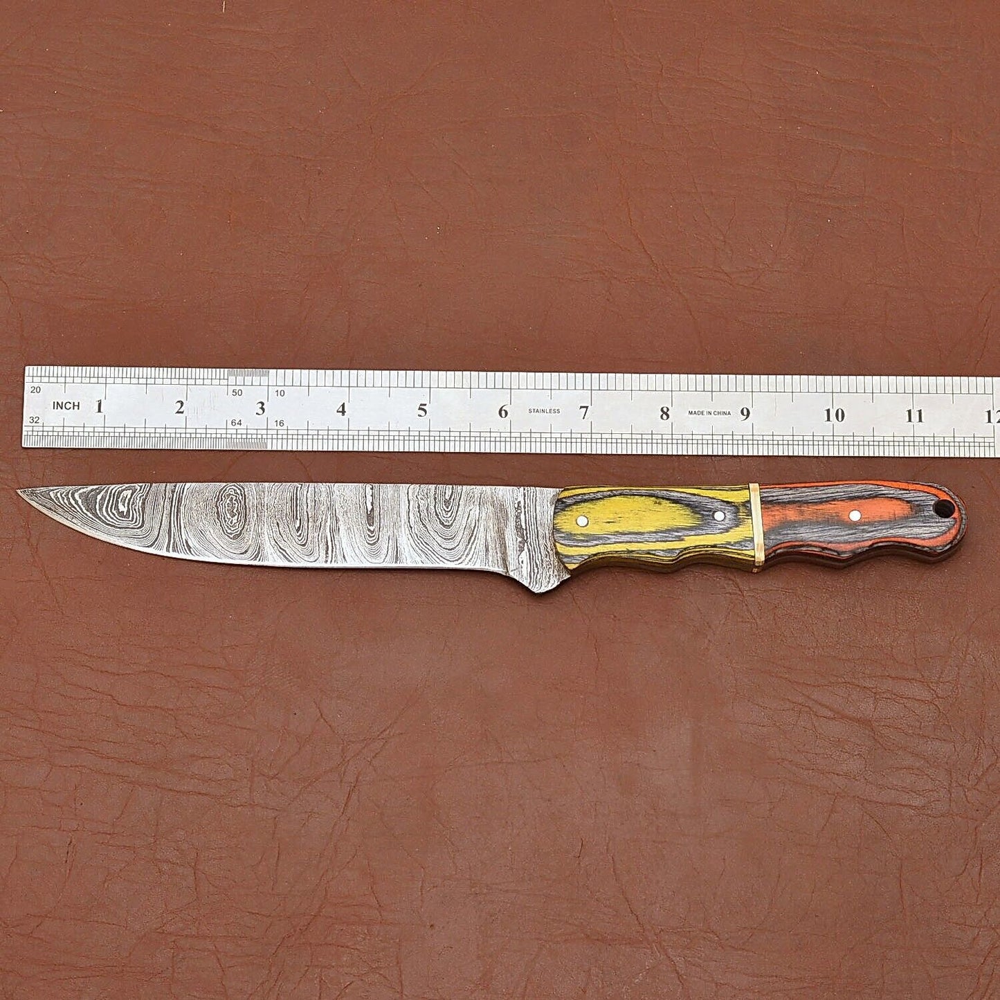 Custom Handmade Damascus Steel Fillet Knife – 12" Kitchen Chef Knife with Wood Handle & Leather Sheath