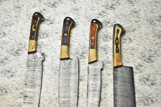 Lot Of 4 Handmade Damascus Hammered Full Tang Chef Set Knife | Hard Wood