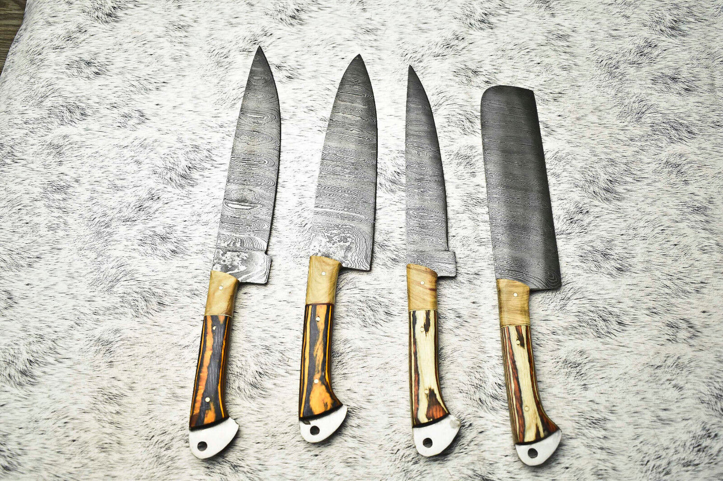 Lot Of 4 Handmade Damascus Hammered Full Tang Chef Set Knife | Hard Wood