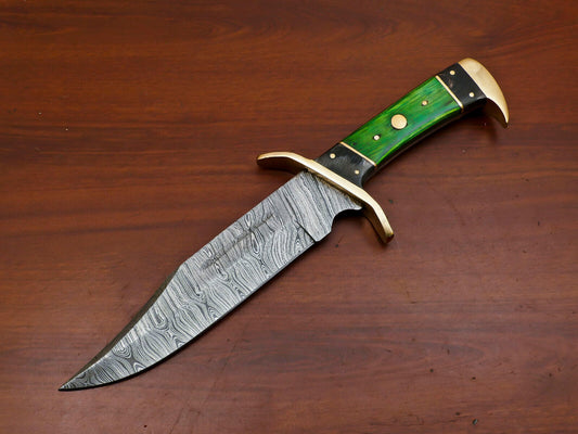 12" Hand Forged Damascus Steel Bowie Hunting Knife with Pakka Wood Handle