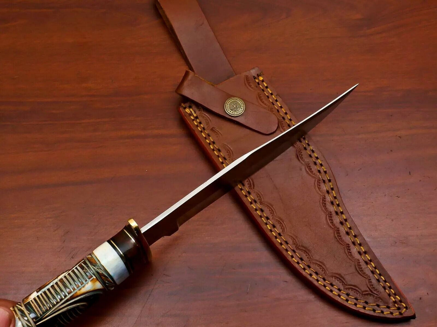 Handmade D2 Steel Bone Bowie Knife – Burnt Camel Bone & Pakka Wood Handle