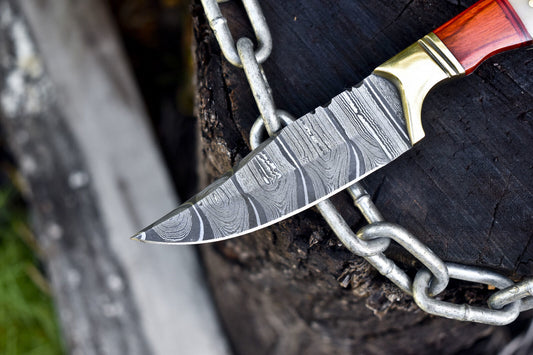 Twist Damascus Skinner Knife with Bone and Wood Handle Hunting Gift