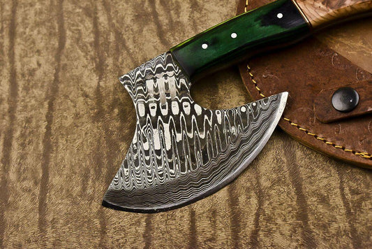 Custom Handmade Damascus Steel Olive Wood Hunting Clever Chopper Axe Knife with Leather Sheath