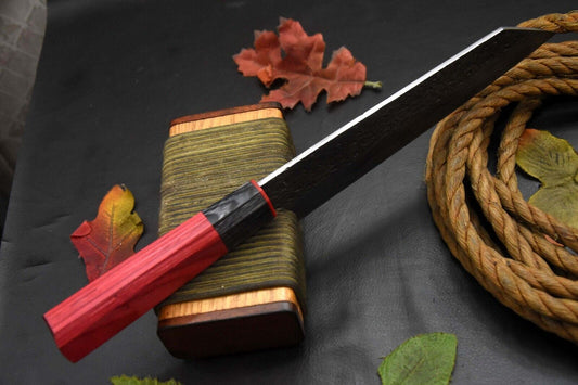 Custom Hammered San Mai Damascus Steel Chef Knife Handmade, Wooden Handle