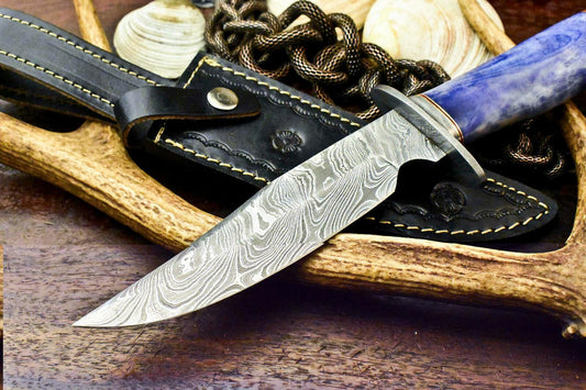 12" Damascus Bowie Knife – Camel Bone Handle and Leather Sheath