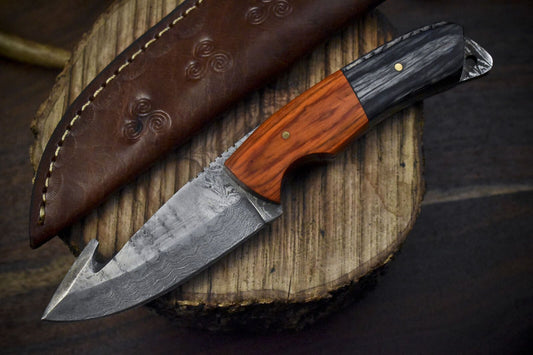Hot Item Skinner Knife with Gut Hook Ladder Damascus Steel Blade and Hard Wood Handle – Fishing and Hunting Tool