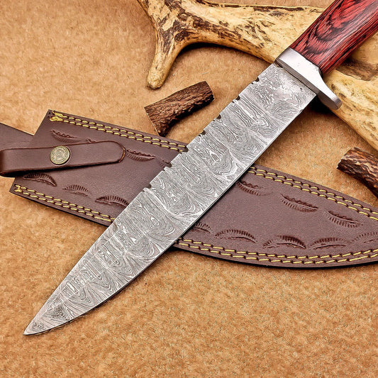 15 Inch Handmade Damascus Steel Bowie Knife with Hardwood Handle