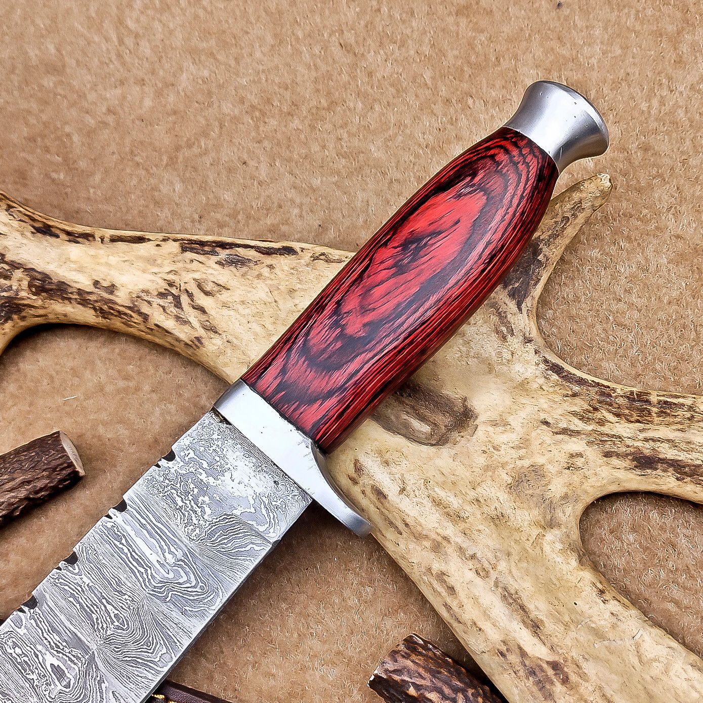 15 Inch Handmade Damascus Steel Bowie Knife with Hardwood Handle