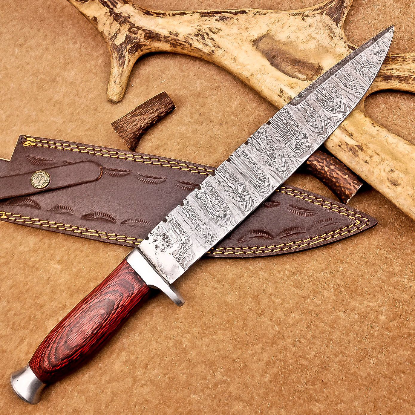 15 Inch Handmade Damascus Steel Bowie Knife with Hardwood Handle