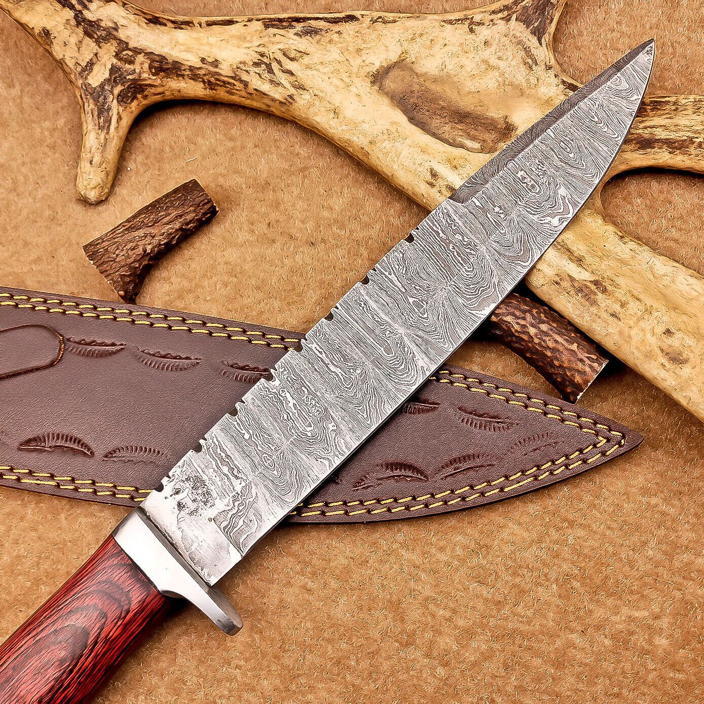 15 Inch Handmade Damascus Steel Bowie Knife with Hardwood Handle