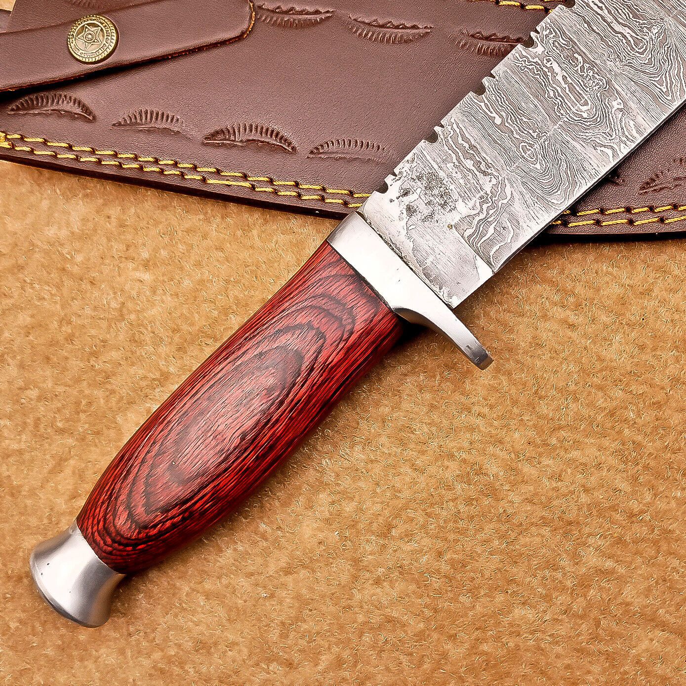 15 Inch Handmade Damascus Steel Bowie Knife with Hardwood Handle