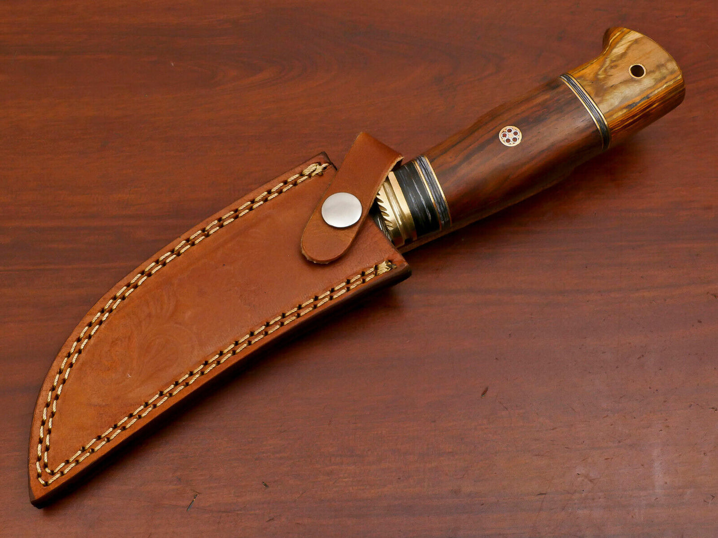 10.5 Inch Damascus Hunting Knife with Rosewood and Pakka Handle