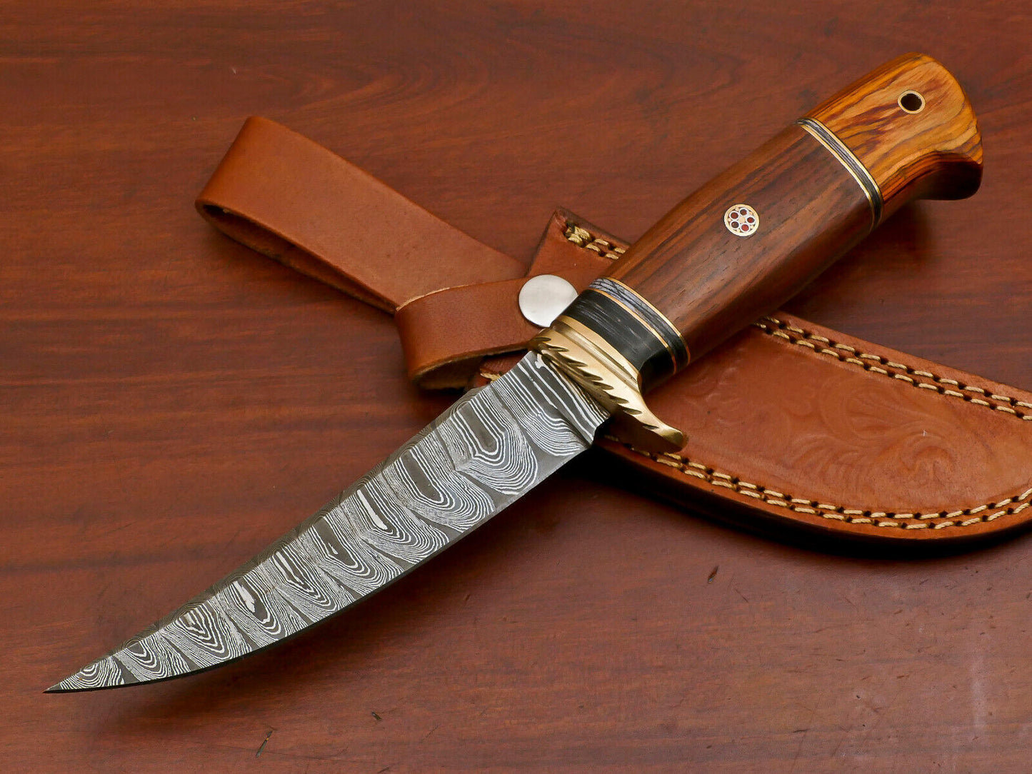 10.5 Inch Damascus Hunting Knife with Rosewood and Pakka Handle