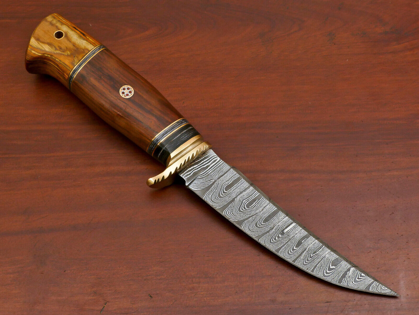 10.5 Inch Damascus Hunting Knife with Rosewood and Pakka Handle