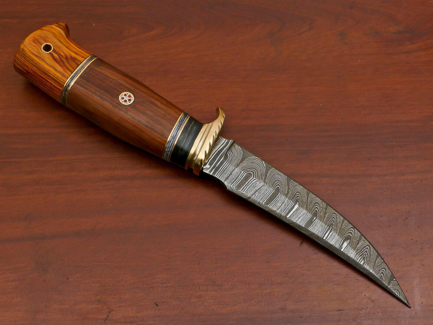 10.5 Inch Damascus Hunting Knife with Rosewood and Pakka Handle