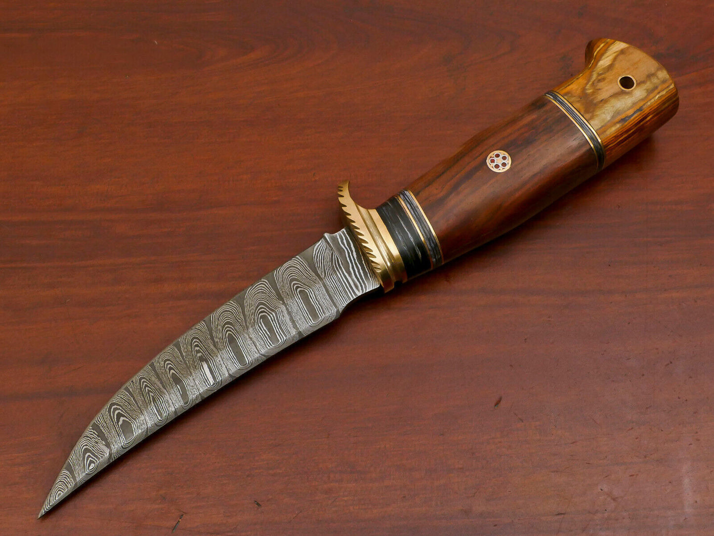 10.5 Inch Damascus Hunting Knife with Rosewood and Pakka Handle