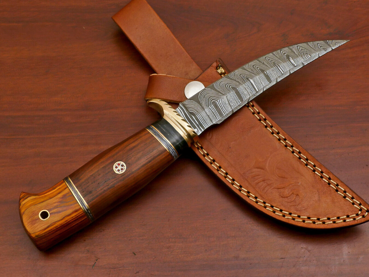 10.5 Inch Damascus Hunting Knife with Rosewood and Pakka Handle