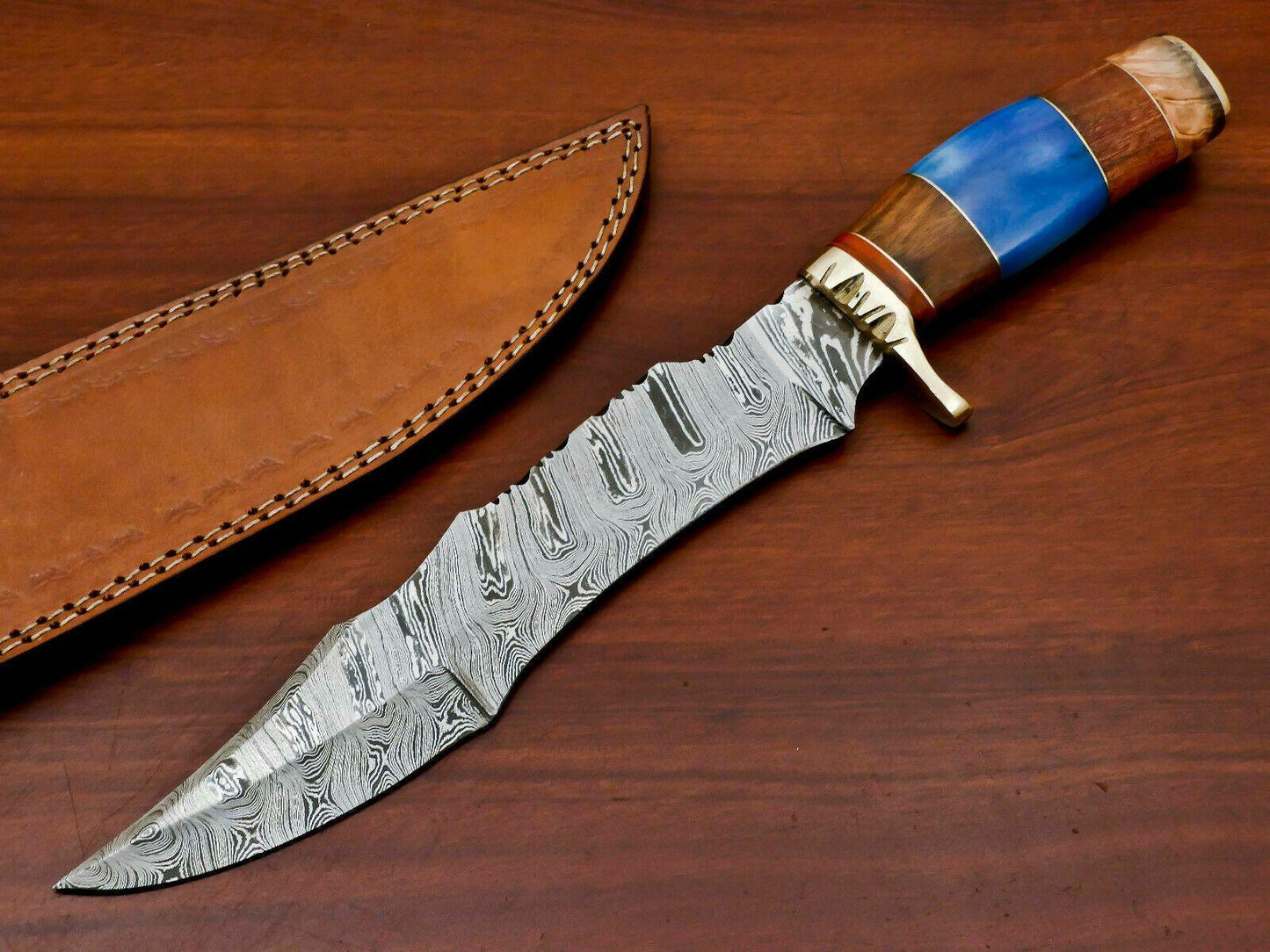 Handmade Damascus Steel Large Bowie Hunting Knife | Bone & Rosewood Handle