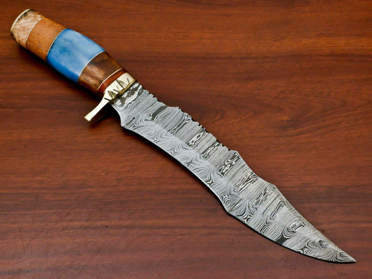 Handmade Damascus Steel Large Bowie Hunting Knife | Bone & Rosewood Handle