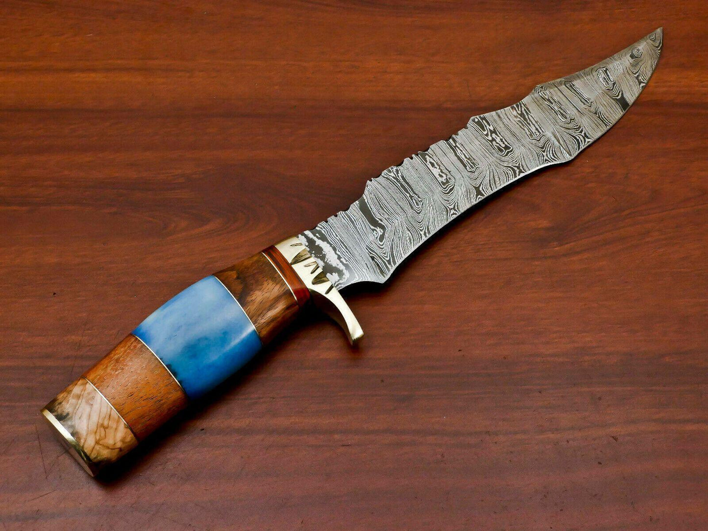 Handmade Damascus Steel Large Bowie Hunting Knife | Bone & Rosewood Handle