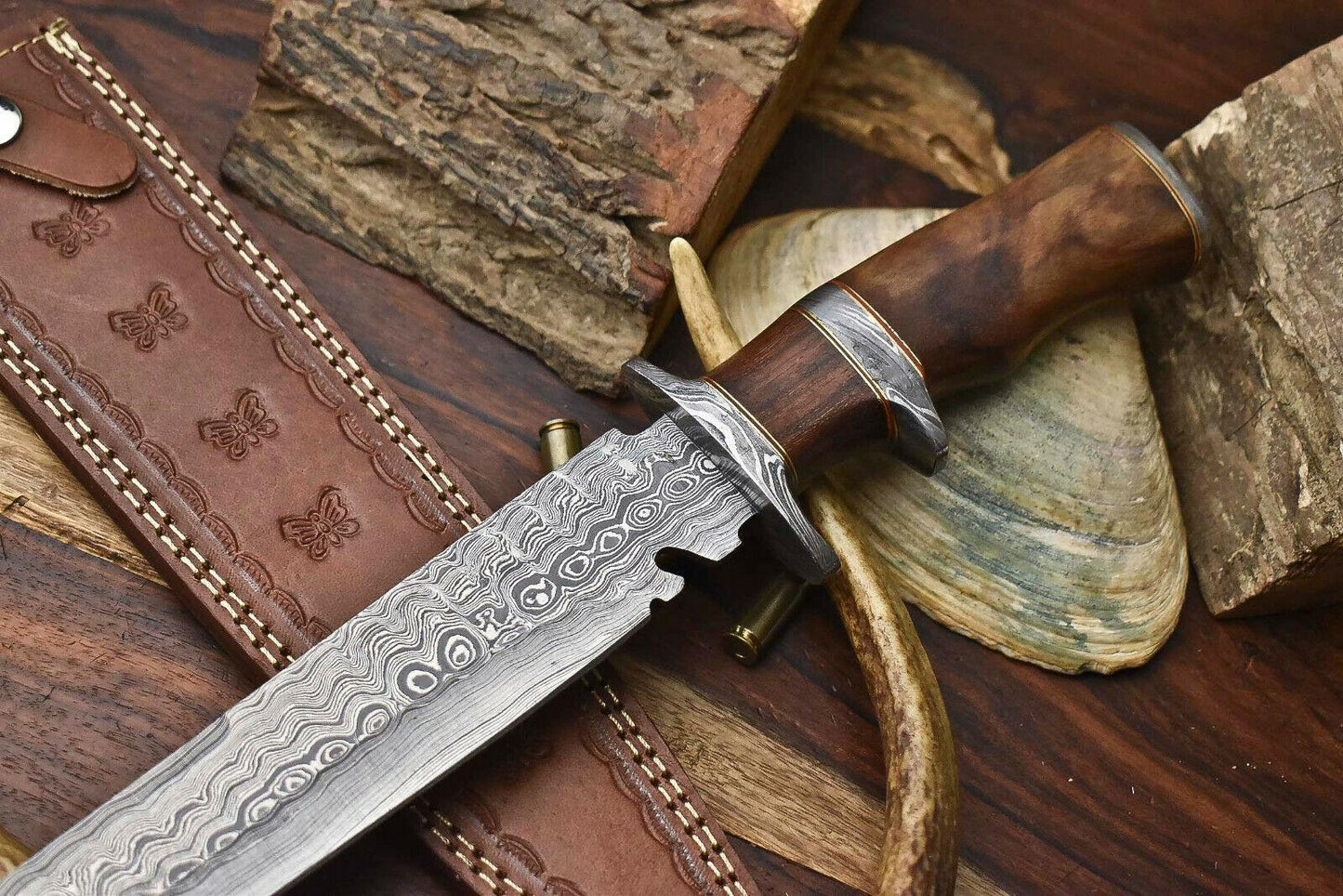 16" Handmade Sub-Hilt Damascus Steel Bowie Knife – Wood Handle