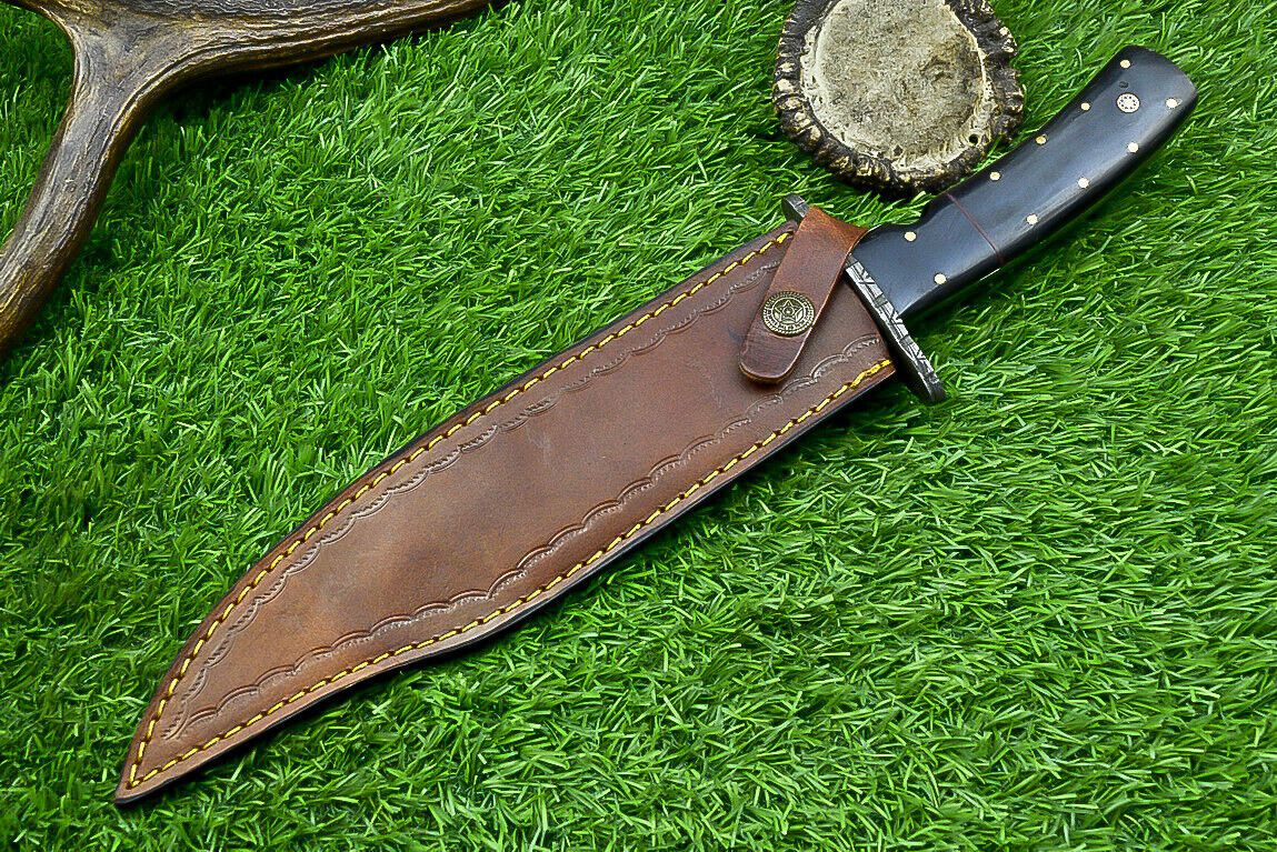 Heritage Forge 13 Inch Damascus Steel Bowie Knife with Genuine Bull Horn Handle & Leather Sheath