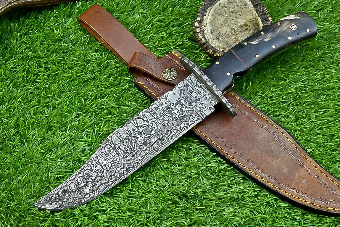 Heritage Forge 13 Inch Damascus Steel Bowie Knife with Genuine Bull Horn Handle & Leather Sheath