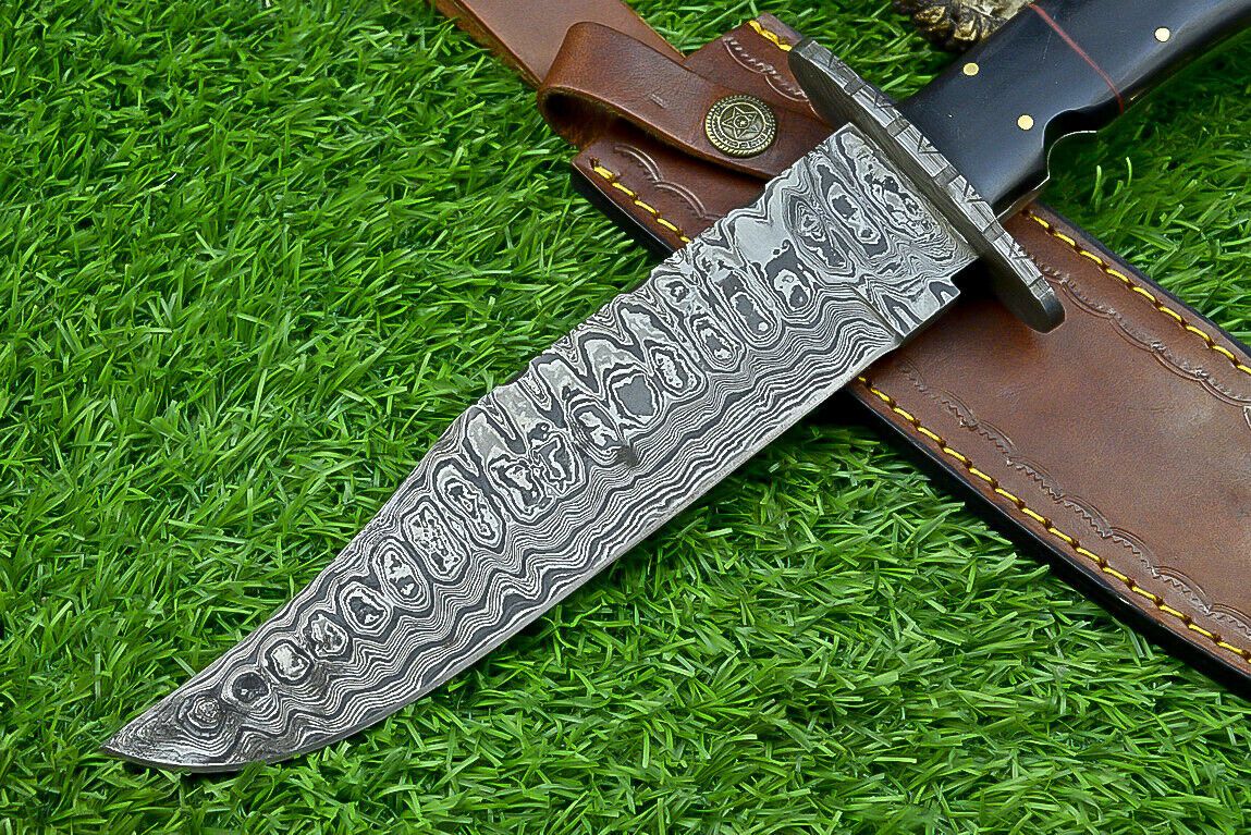 Heritage Forge 13 Inch Damascus Steel Bowie Knife with Genuine Bull Horn Handle & Leather Sheath