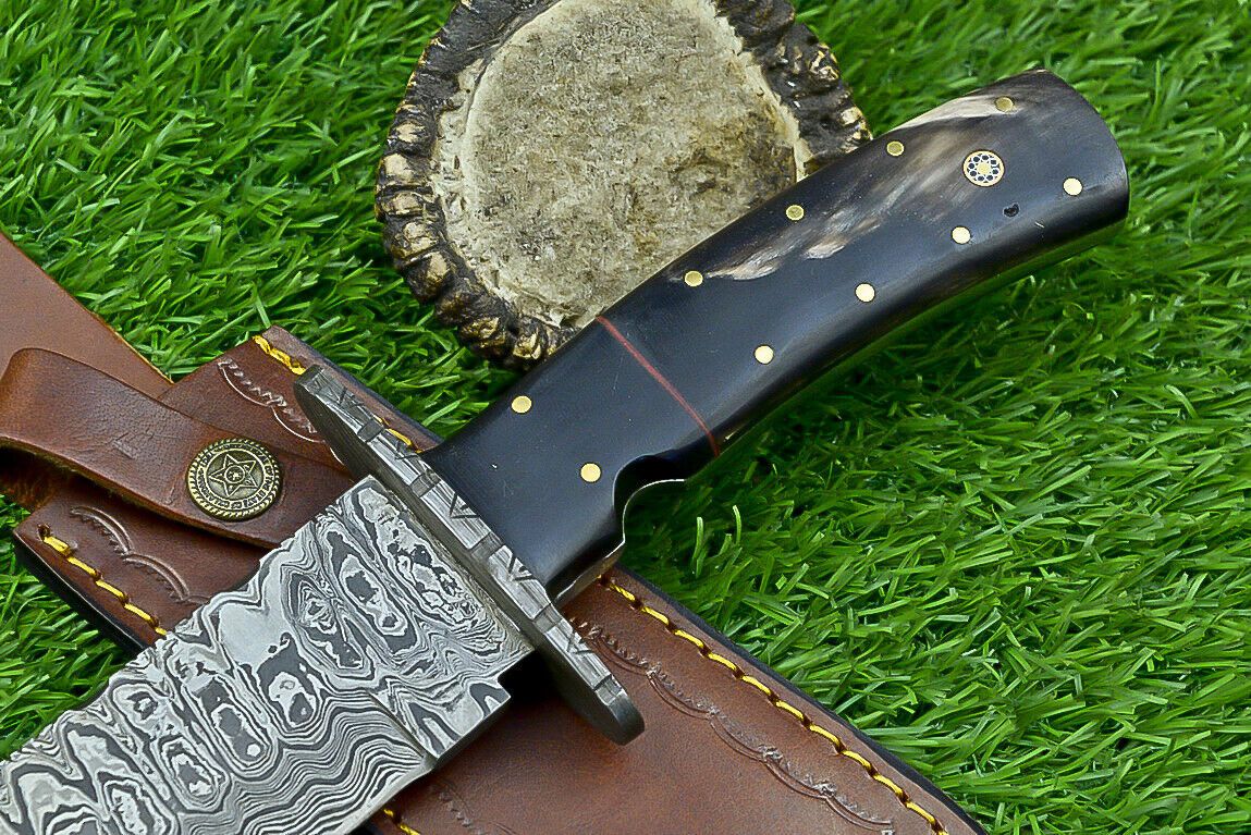 Heritage Forge 13 Inch Damascus Steel Bowie Knife with Genuine Bull Horn Handle & Leather Sheath