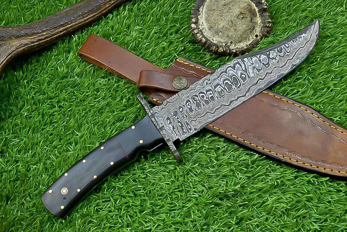 Heritage Forge 13 Inch Damascus Steel Bowie Knife with Genuine Bull Horn Handle & Leather Sheath