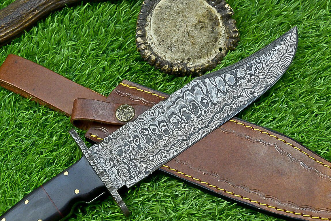 Heritage Forge 13 Inch Damascus Steel Bowie Knife with Genuine Bull Horn Handle & Leather Sheath
