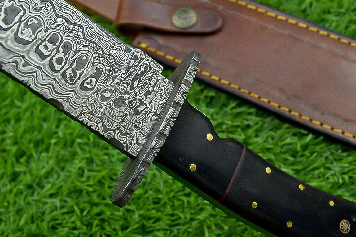 Heritage Forge 13 Inch Damascus Steel Bowie Knife with Genuine Bull Horn Handle & Leather Sheath