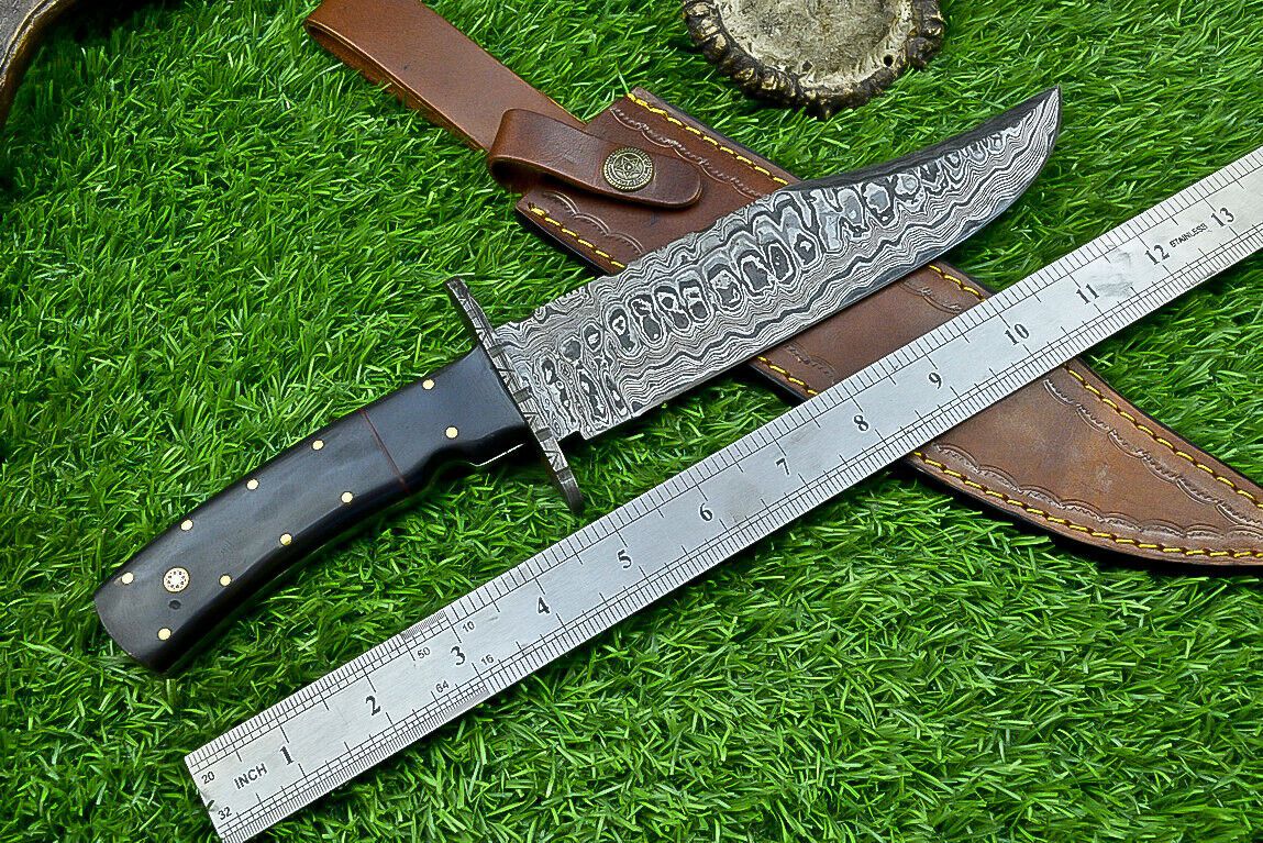 Heritage Forge 13 Inch Damascus Steel Bowie Knife with Genuine Bull Horn Handle & Leather Sheath