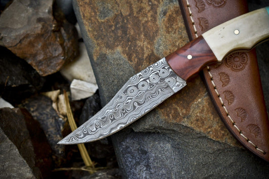Rain Drop Damascus Skinner Knife with Bone Handle and Micarta Bolster – Custom Handmade Hunter