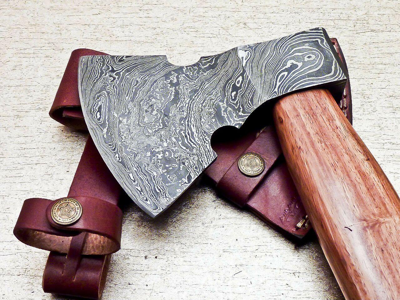 Limited Edition Handmade Damascus Steel Axe with Natural Wood Handle – Custom Forged Unique Damascus Axe with Leather Sheath