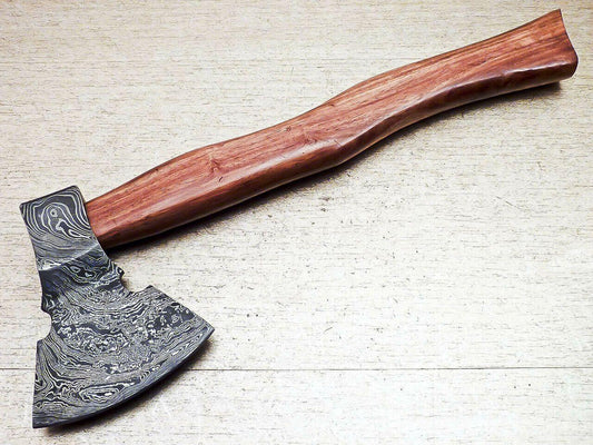 Limited Edition Handmade Damascus Steel Axe with Natural Wood Handle – Custom Forged Unique Damascus Axe with Leather Sheath