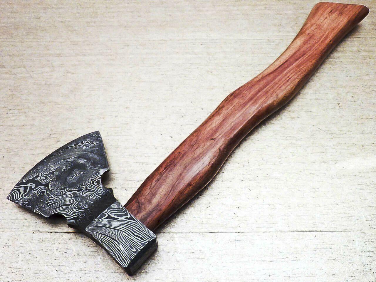 Limited Edition Handmade Damascus Steel Axe with Natural Wood Handle – Custom Forged Unique Damascus Axe with Leather Sheath