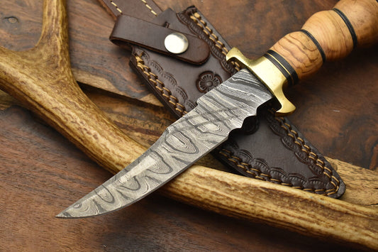 10 Inch Custom Hand Forged Damascus Steel Bowie Knife with Olive Wood Handle