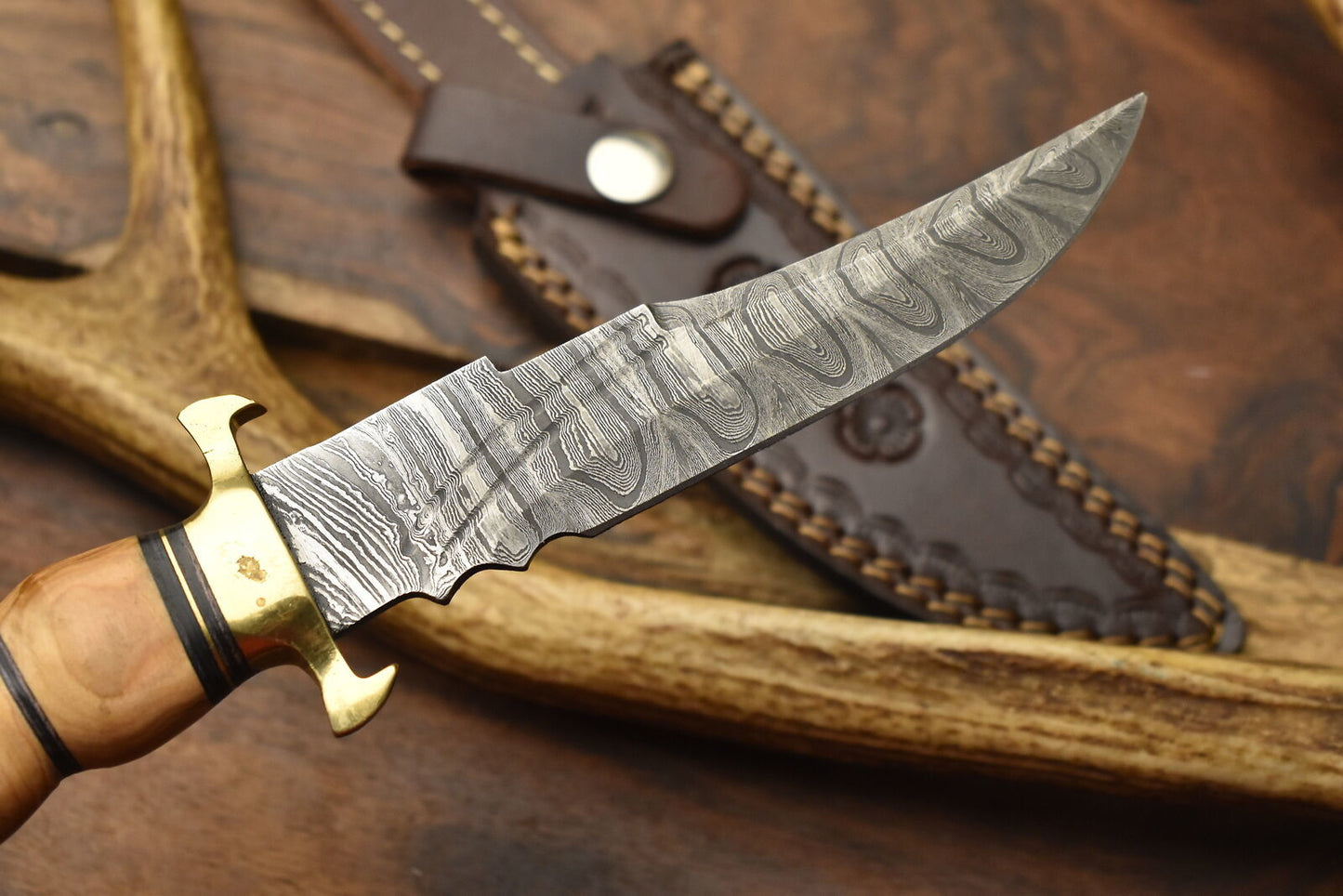 10 Inch Custom Hand Forged Damascus Steel Bowie Knife with Olive Wood Handle