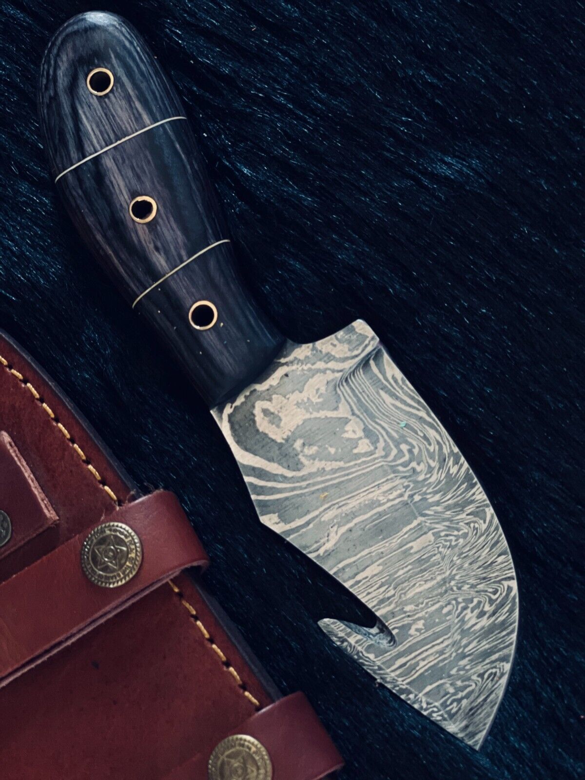 Heritage Forge 8 Inch Fire Damascus Gutuk Bowie Knife with Camel Bone and Wood Handle