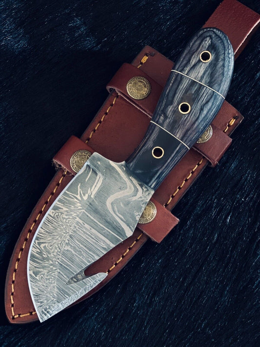 Heritage Forge 8 Inch Fire Damascus Gutuk Bowie Knife with Camel Bone and Wood Handle